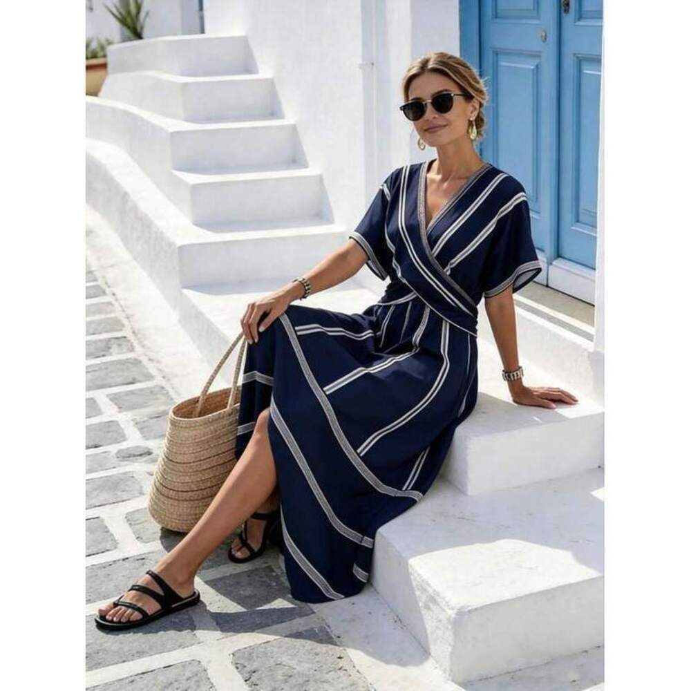 Holidaya Navy Blue And White Striped Maxi Dress,V-Neck Short-Sleeved - Picture 5 of 5